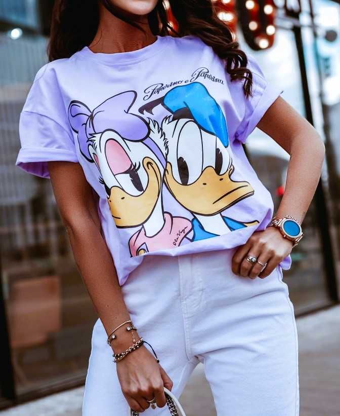 O'la Voga liliowy t-shirt duży nadruk kaczor donald
