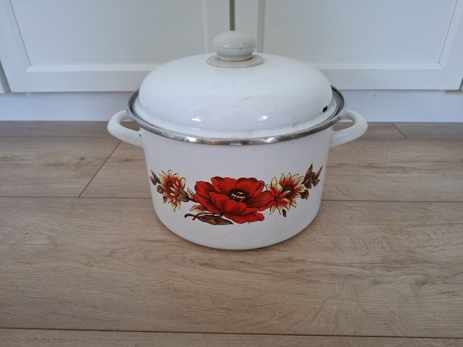 Garnek emaliowany, motyw kwiatowy, duży, dobry na doniczka ozdobę