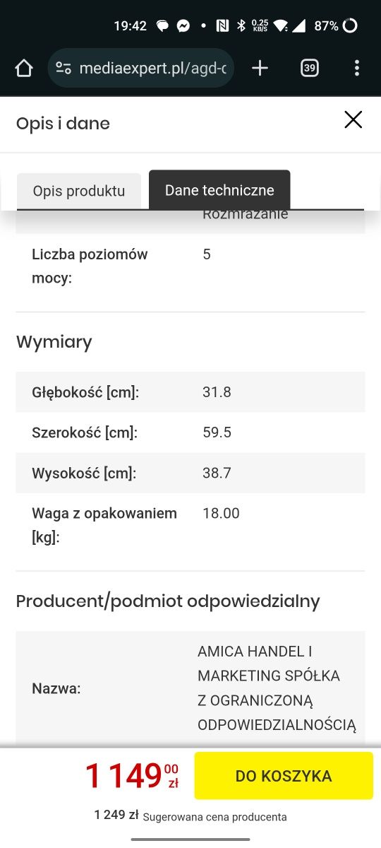 Nowa mikrofalówka do zabudowy Amica 800W 20 l