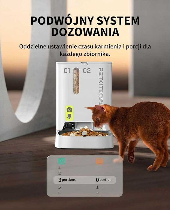 PETKIT Dozownik karmy 5L z kamerą 1080P WiFi podwójny lejek AI kot,.