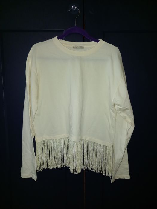 Kremowa bluzka z frędzlami M