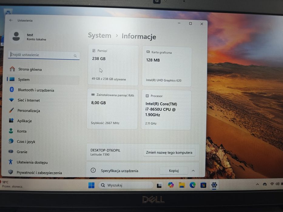 Profesjonalny Dell Latitude 13" 7390 i7-8650U 8GB 256SSD FHD Win11 PRO