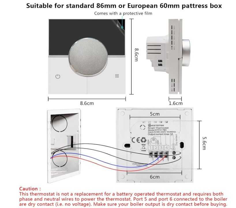 Inteligentny termostat KETOTEK KTF0176, sterowanie kotłem Wifi