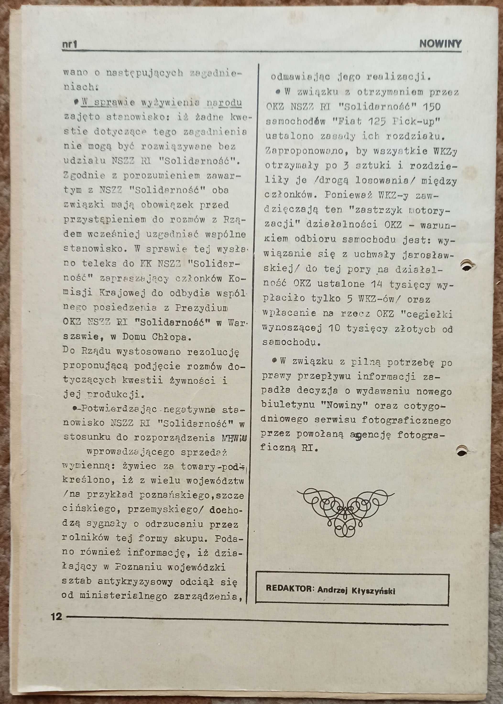 Nowiny  Solidarność Rolników Nr 1  z 1981 roku