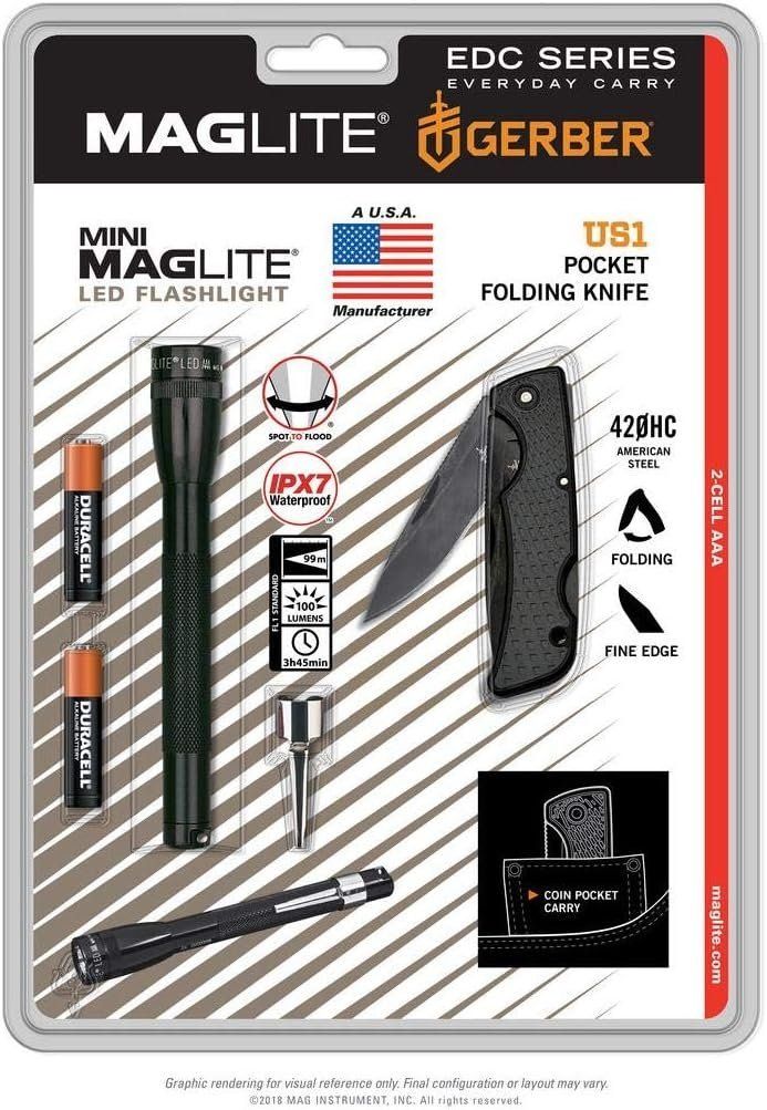 Latarka Mini Maglite LED Czarna + Nóż Gerber US1 - SP32TRK