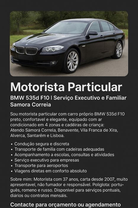 Motorista Particular | BMW 535d F10 | Serviço Executivo e Familiar
