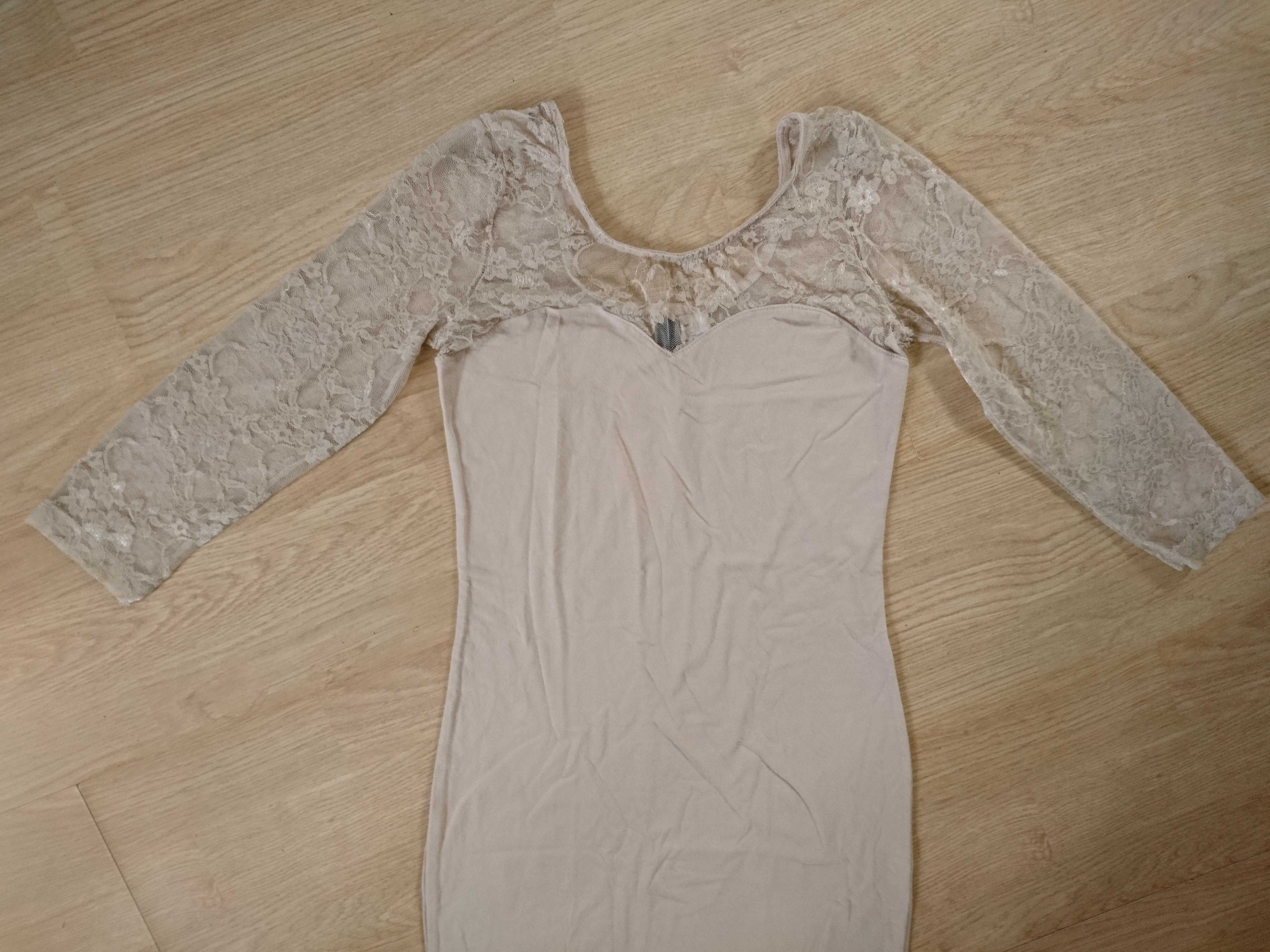 Obcisła beżowa nude sukienka z koronkowy dekolt i rękawy 3/4 h&m 34 XS