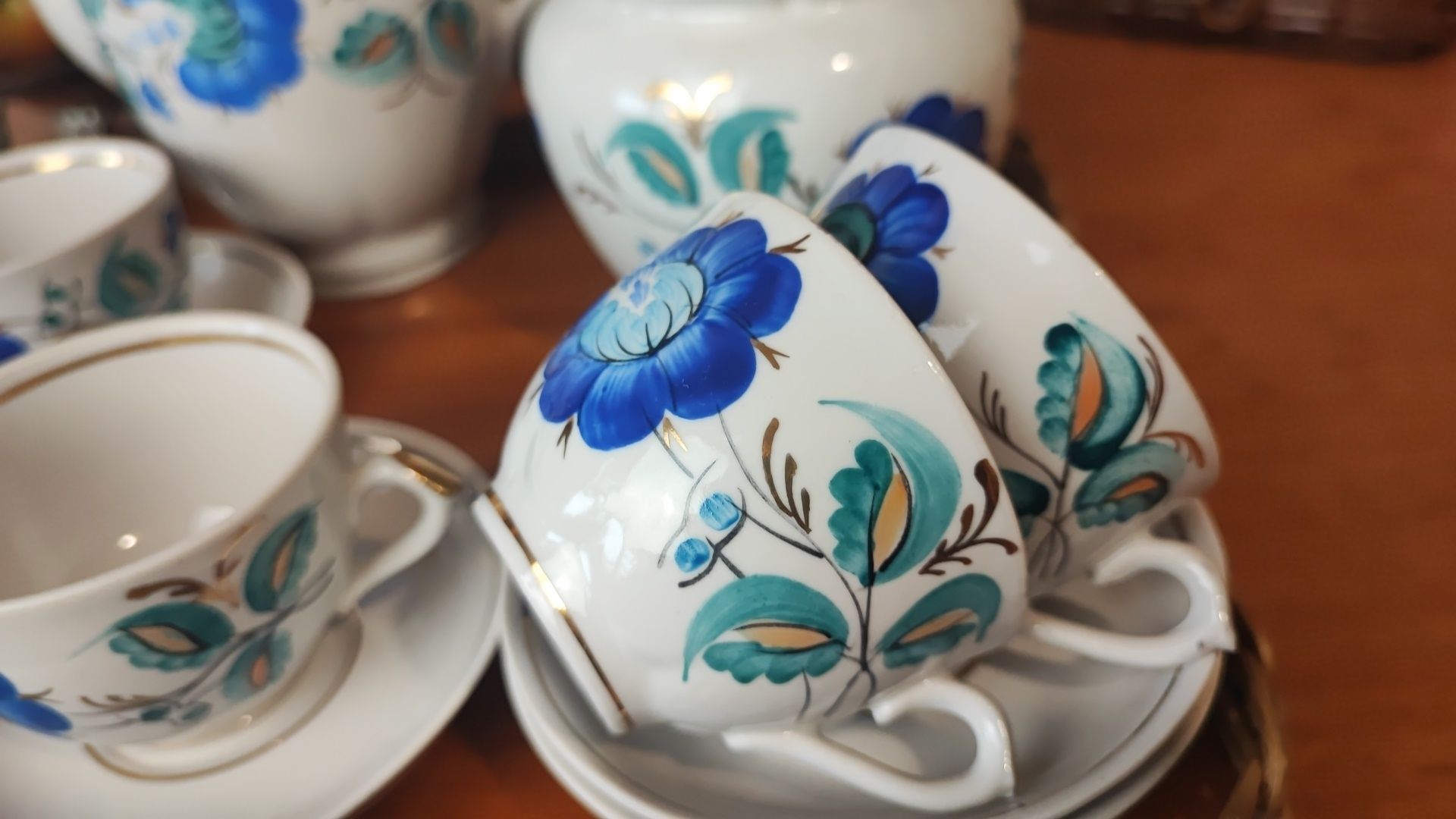 Kawowy serwis "Niebieski kwiat" RĘCZNIE malowany Porcelana ZSRR CCCP