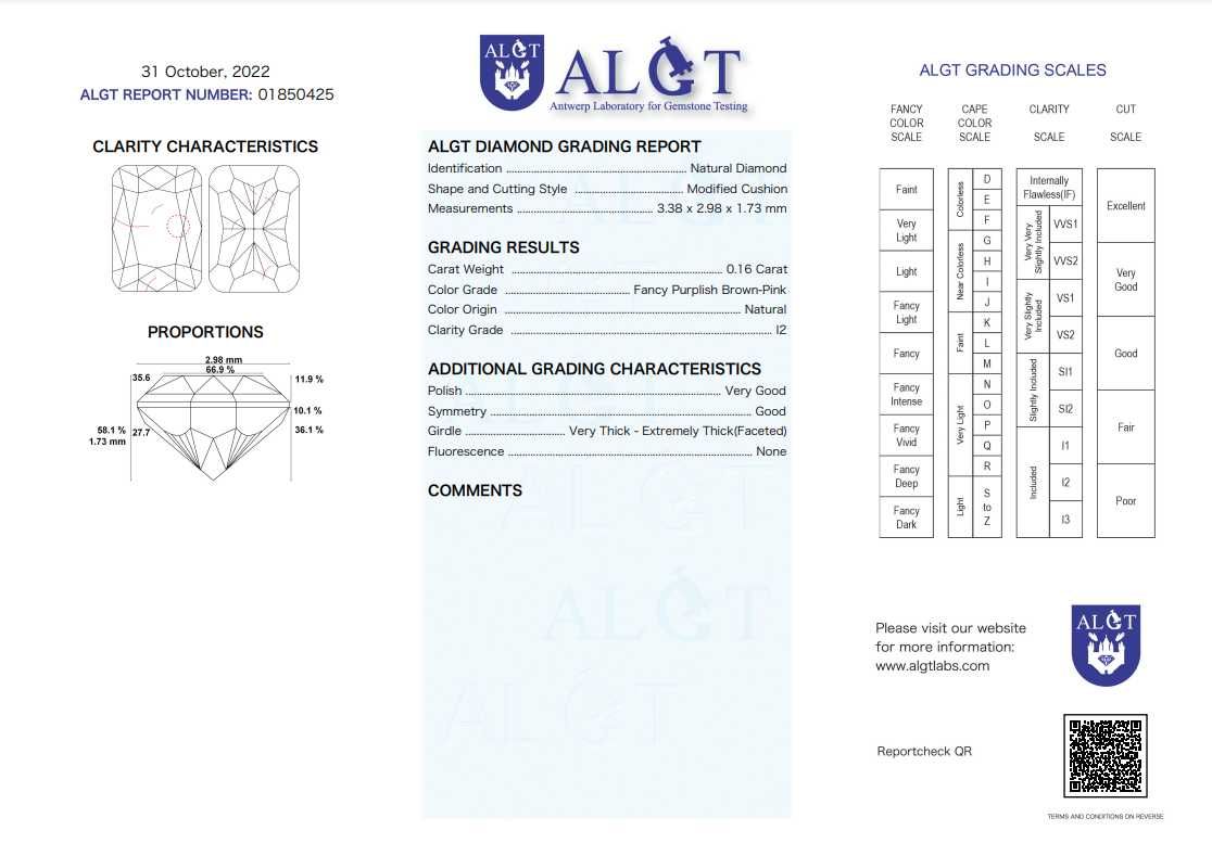 Naturalny Diament 0.16ct Różowy Cushion I2 Certyfikat ALGT