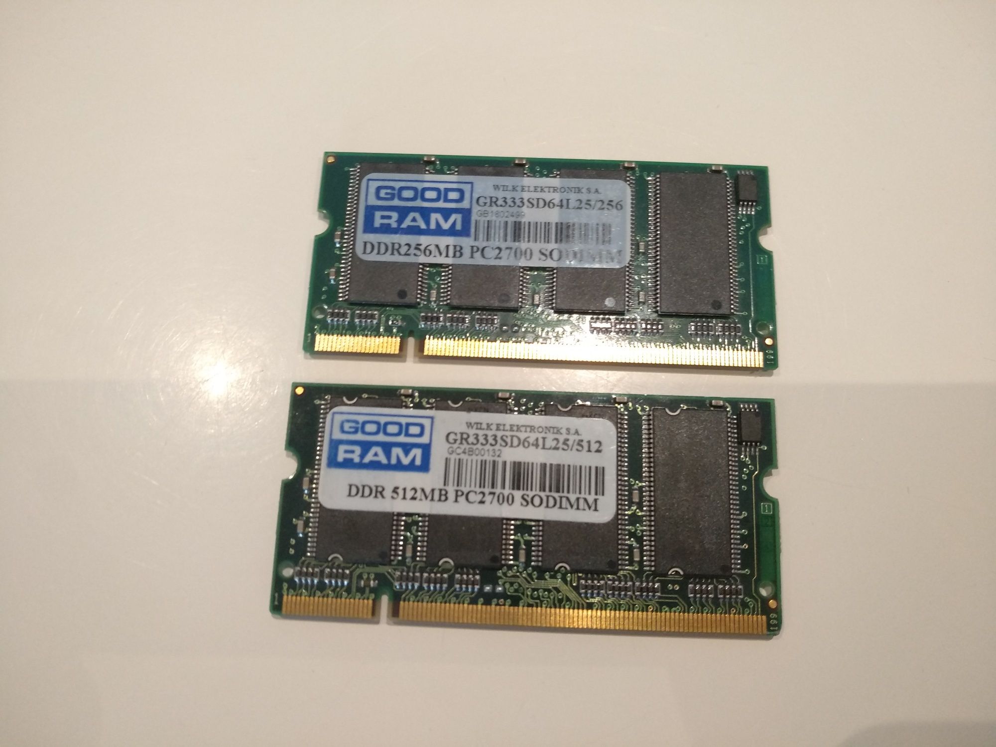 2 kości GOOD RAM DDR 512 + 256 MB PC2700 SODIMM GR333SD64L25