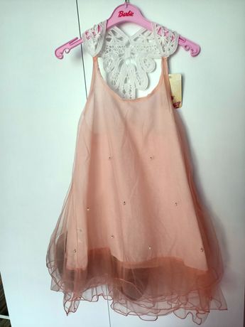 Sukienka tiulowa z koronką i perełkami różowa