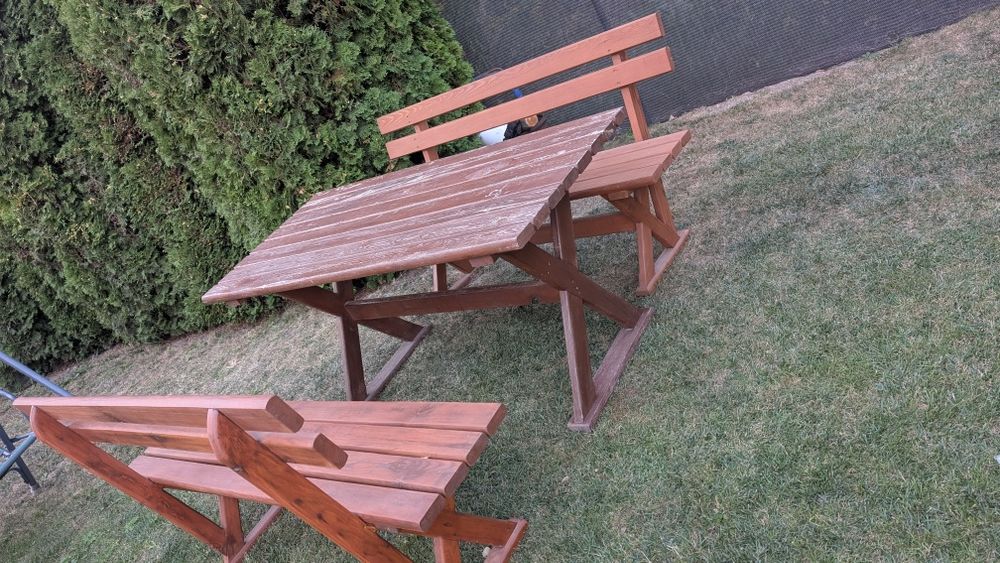 Komplet mebli ogrodowych drewno, stół i 2 ławki