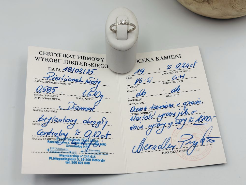 Pierścionek Złoty z Brylantami 585/14k 0.24ct Certyfikat roz13