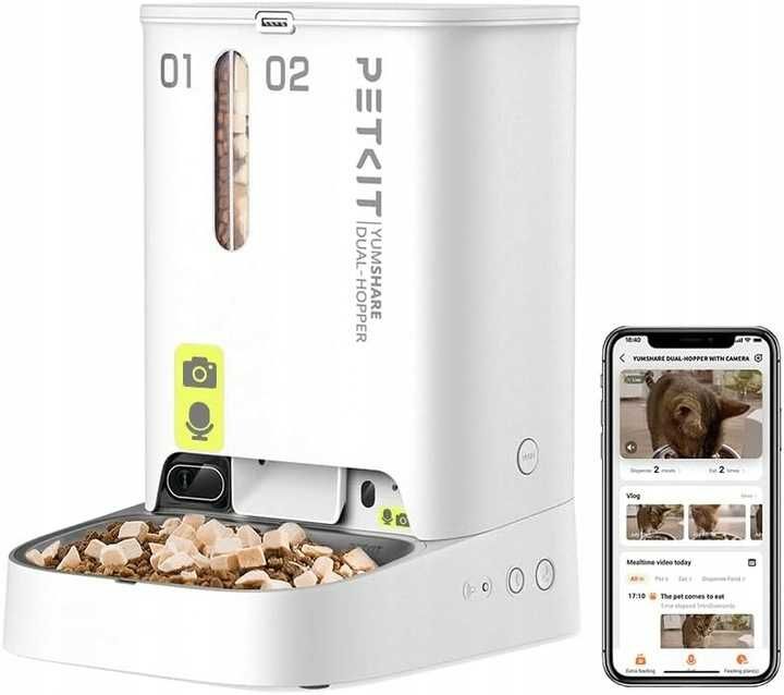 PETKIT Dozownik karmy 5L z kamerą 1080P WiFi podwójny lejek AI kot,.