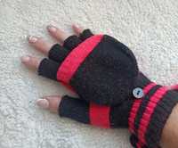 Nowe rękawiczki mitenki z klapką kolor czarny z malinowym paskiem