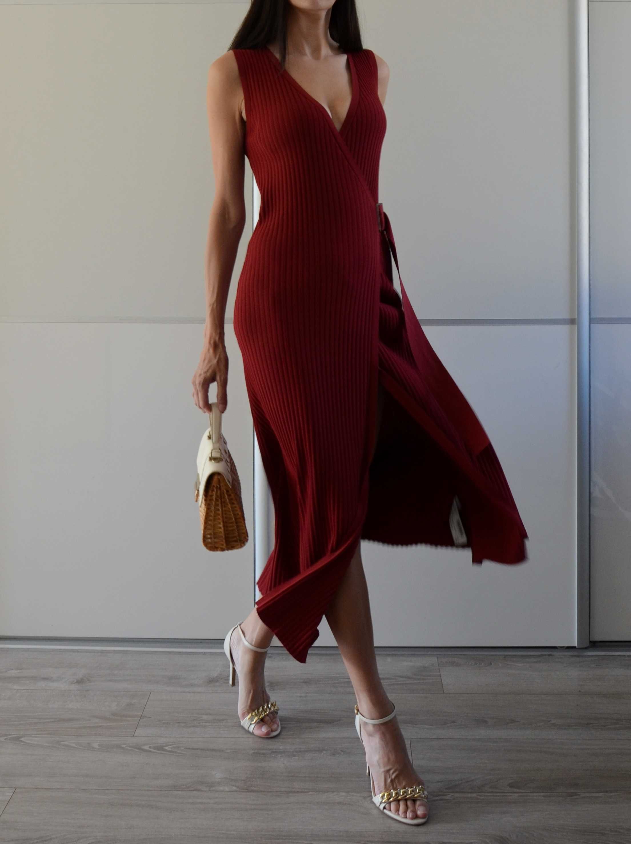 Massimo Dutti długa dzianinowa kopertowa sukienka rust premium 34 XS
