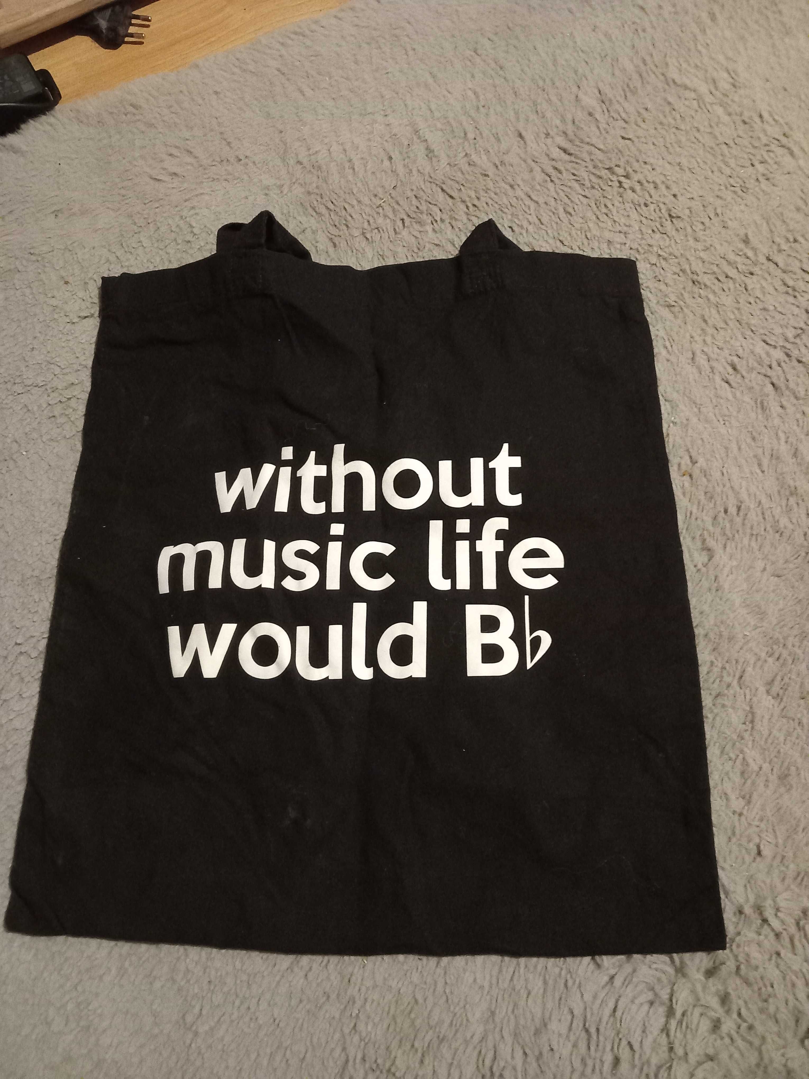 Czarna torba z napisem Without music life will be B..