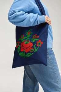 Eko torba z haftem granatowa piękny czerwony kwiat