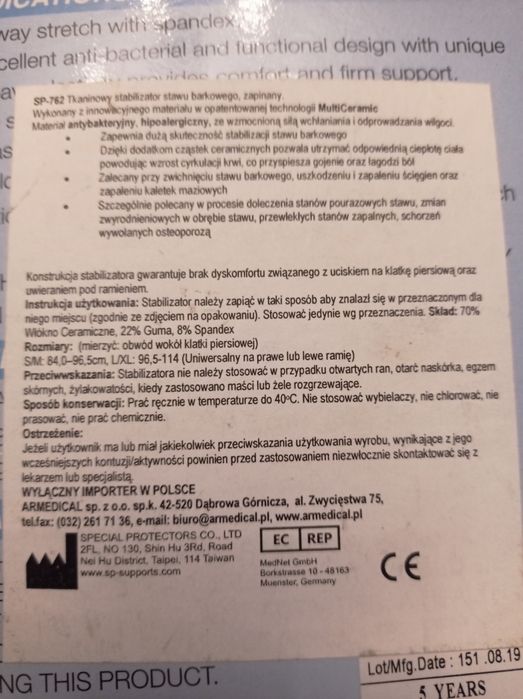 Tkaninowy stabilizator stawu barkowego zapinany