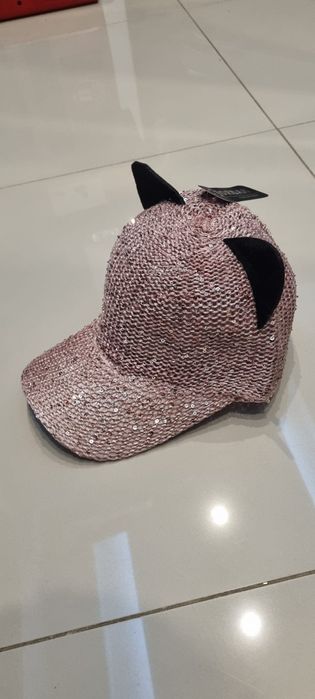Nowa! Śliczna kociąt czapka z daszkiem cyrkonią pudrowy roż