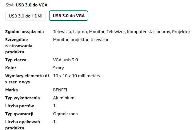 BENFEI Adapter USB na VGA, konwerter 1080P USB 3.0 na VGA Full HD