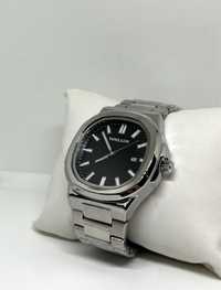 Elegancki zegarek srebrny z czarną tarczą kwadratowy unisex