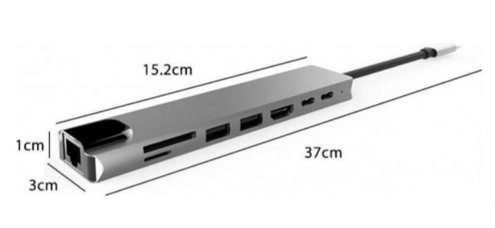 Концентратор Type-C 8 в 1 HDMI, USB-C, USB 3.0, Ethernet, TF card, Mic