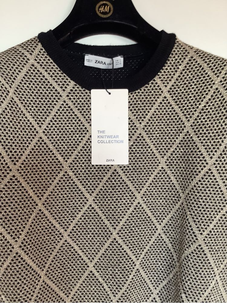 Sweter Zara, dzianina zloto-czarny, kr. rękaw, S