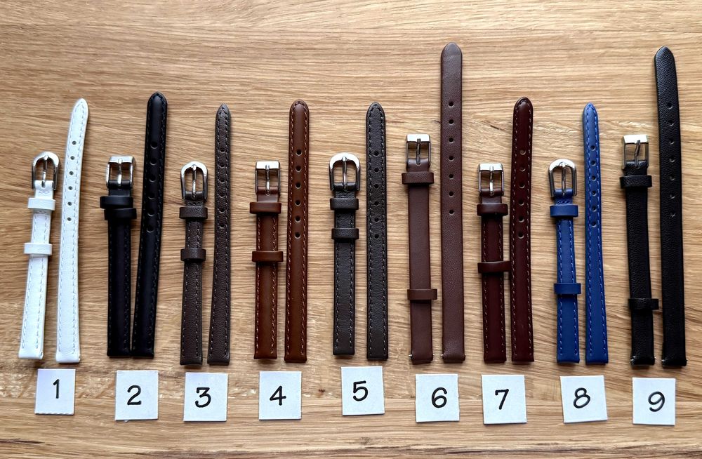 Nieużywane, różne paski do zegarków naręcznych. 8 mm. 9 rodzajów.
