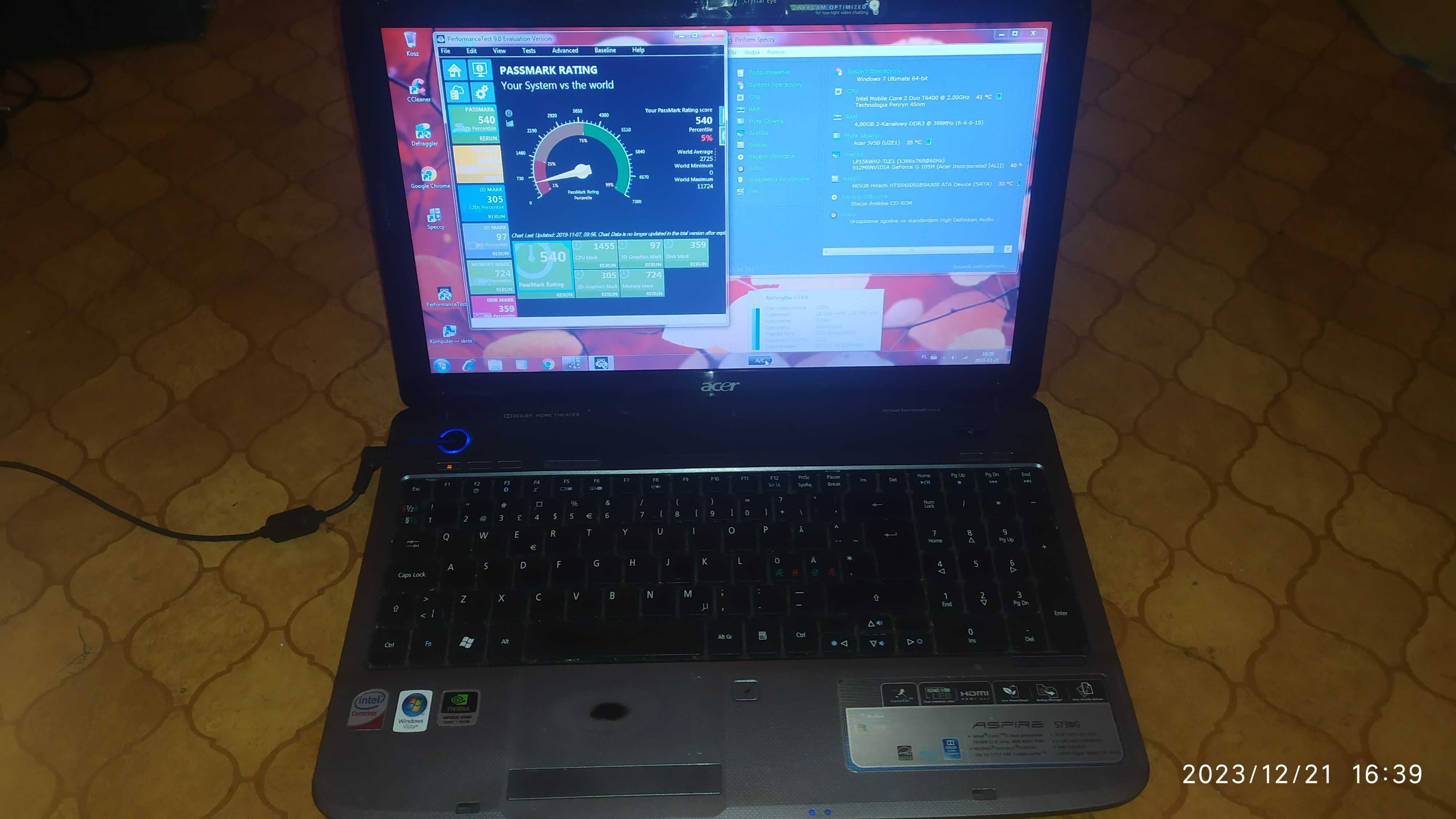 Laptop 15,6 Acer ASPIRE 5738G Intel Core 2x NVidia GeForce Win7 10 SSD