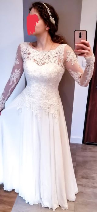 Suknia ślubna Boho koronka rękawy litera A linia A