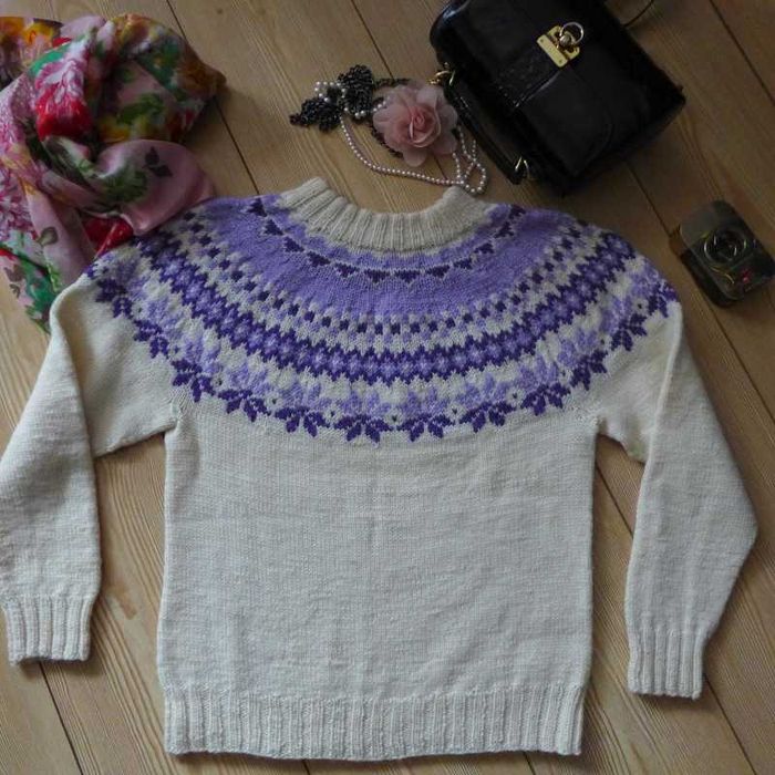 Żakardowy wzór islandzki Fair Isle SWETER handmade XS 34 lopapeysa