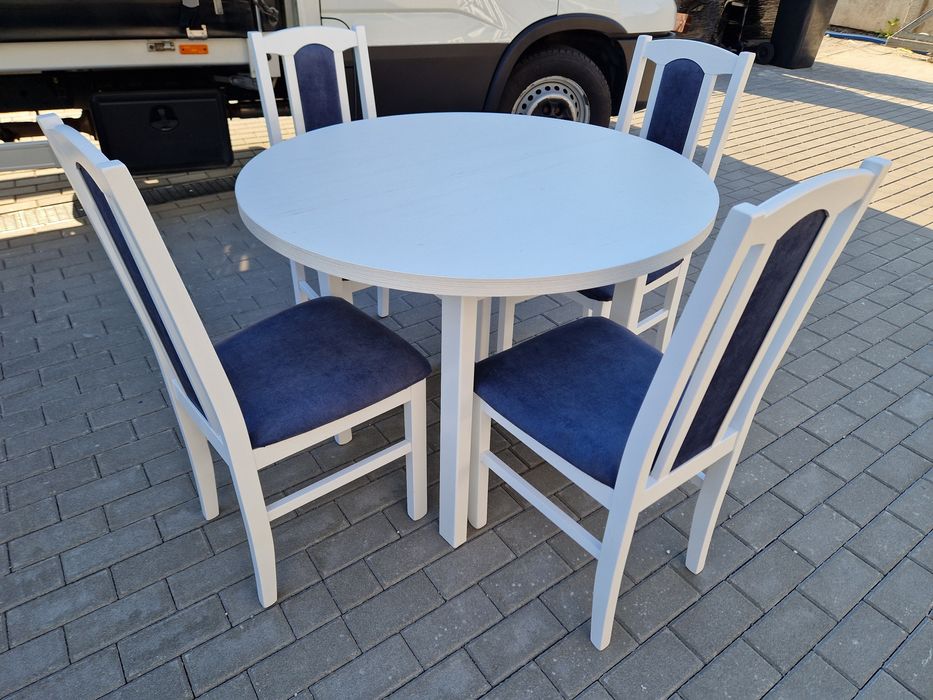 Nowe : Stół okrągły + 4 krzesła, biały + metaliczny granat, transPL