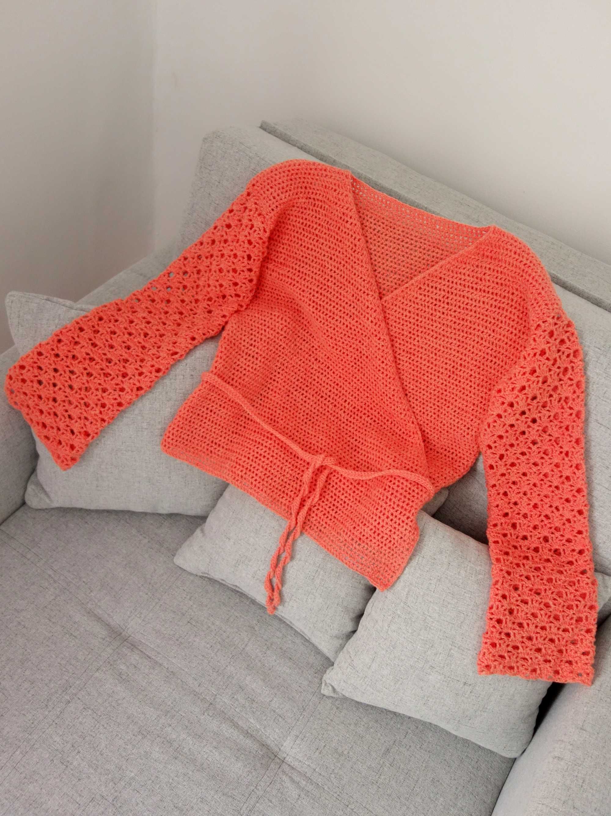 Nowy sweter szydełkowy kardigan wełniany handmade kopertowy wełna 38 M