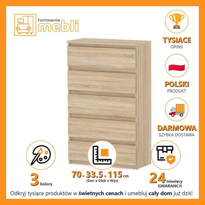Wysoka Komoda Hugo Nowoczesna 70cm Szafka 5 Szuflad Do Salonu Sypialni