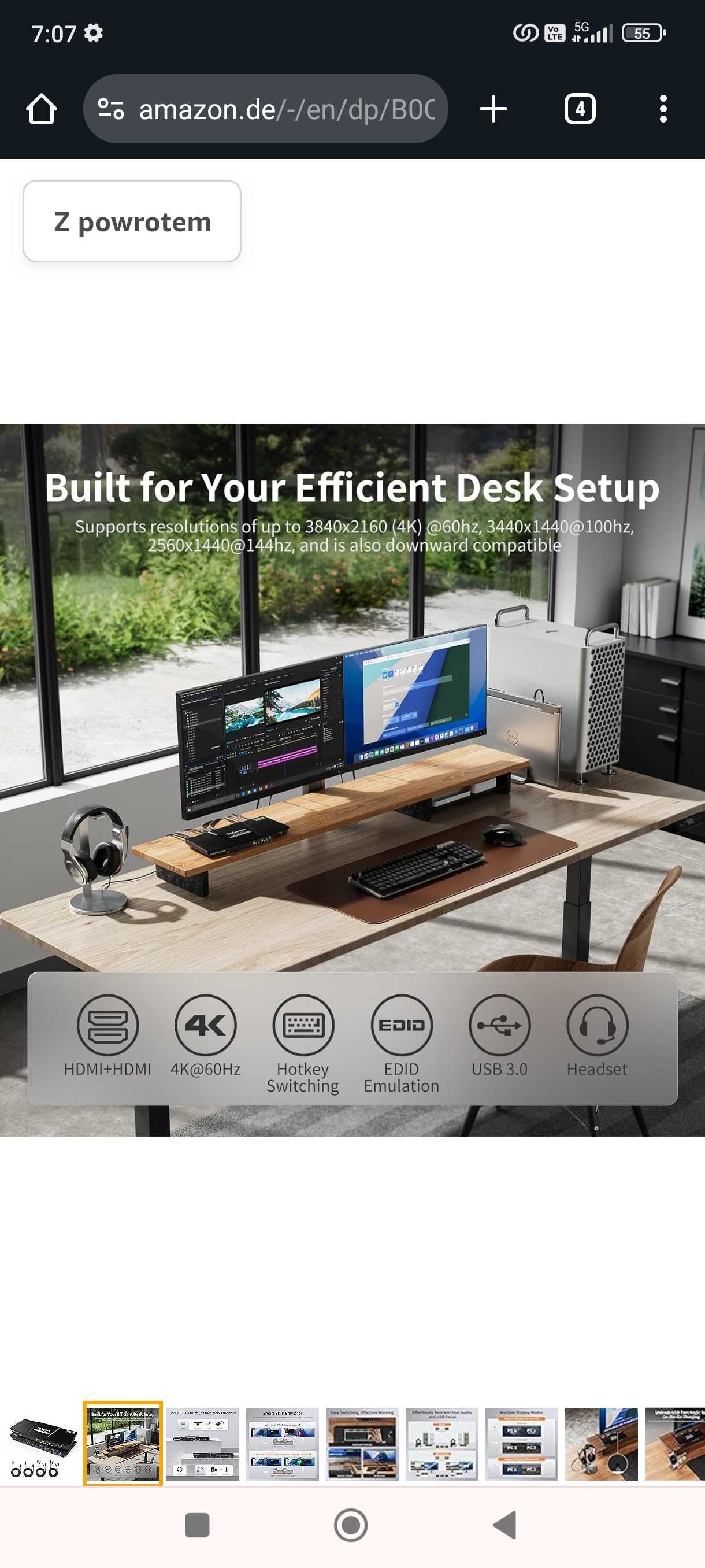 TESmart USB 3.0 Przełącznik HDMI KVM 2 monitory, 2 komputery PC