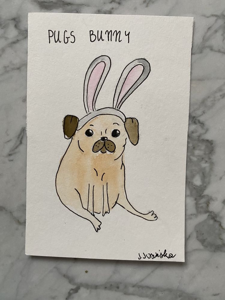 Kartka okolicznosciowa wielkanoc mops pug mopsik królik bunny handmade