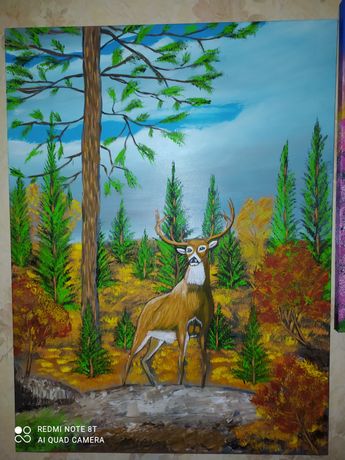 Картина маслом "Пейзаж с оленем"