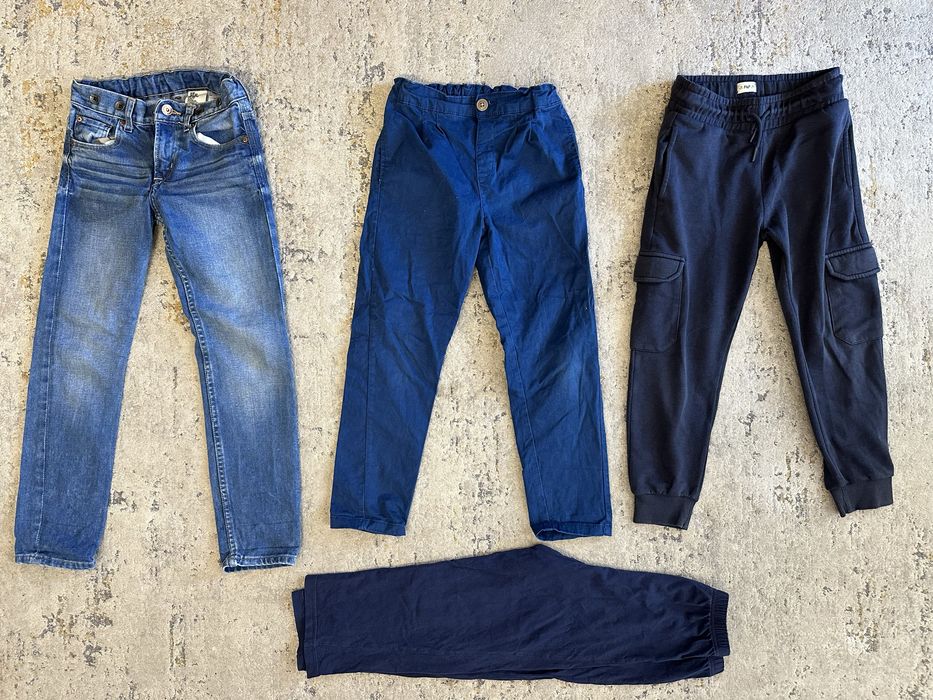3x spodnie r. 128: jeans, eleganckie / chinosy, cargo /bojówki