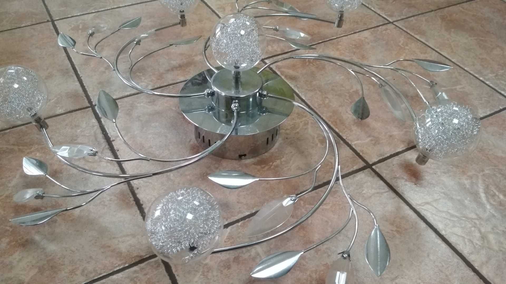 Lampa sufitowa żyrandol motyw roślinny chrom szkło