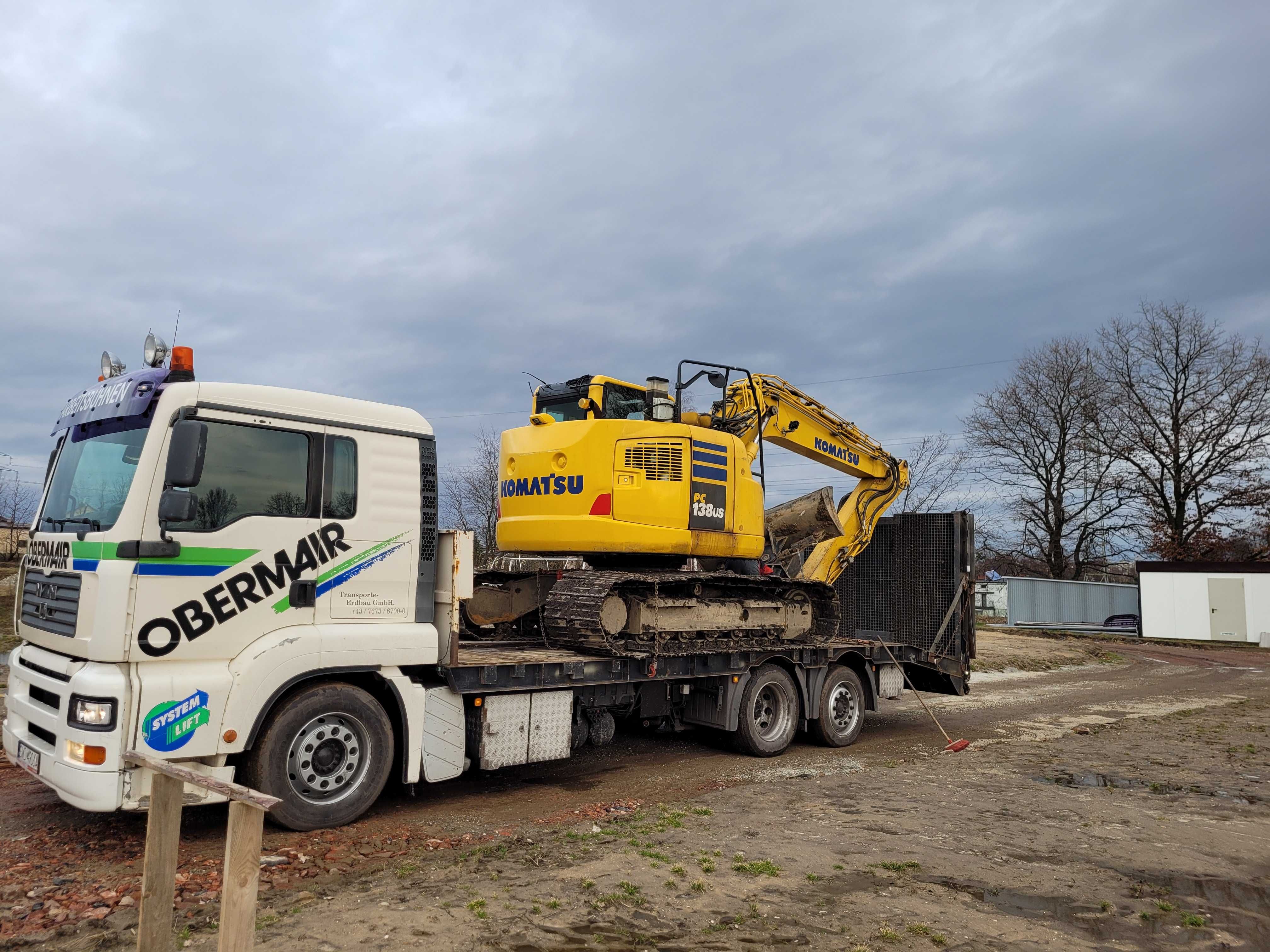 Transport maszyn budowlanych do 14t. Gąsienice, pomoc drogowa laweta