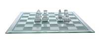 Jogo de xadrez com tabuleiro e peças em vidro fosco