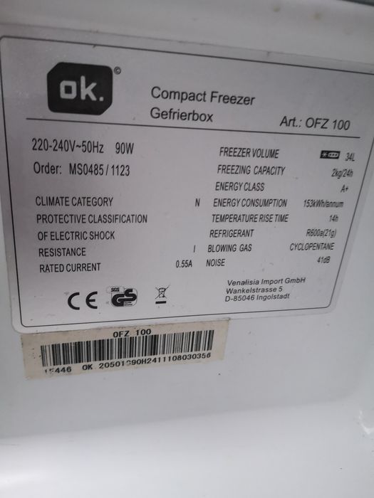 Mała zamrażarka 2 półkowa firmy ok.energooszczędna A+.