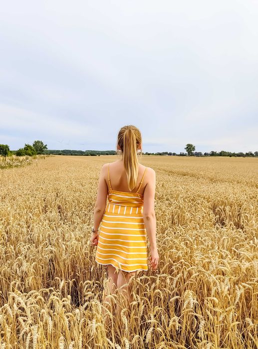 Zółta sukienka River Island 38 M w pasy paski białe len bawełna letnia