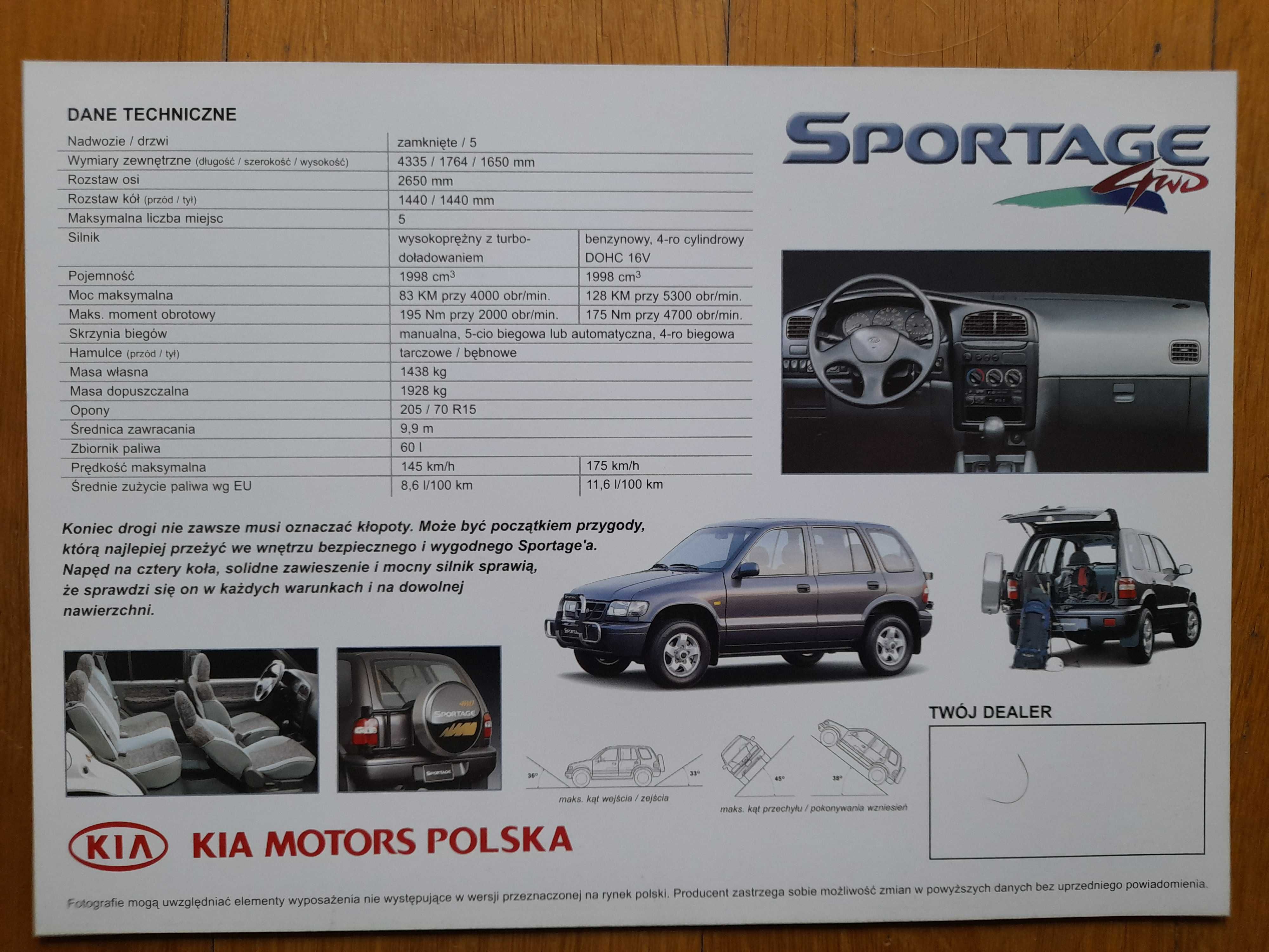 KIA Sportage 2.0, 2.0 Diesel prospekt polski rok 1998