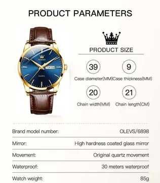Zegarek kwarcowy złoty klasyczny 39mm datownik niebieska tarcza luma