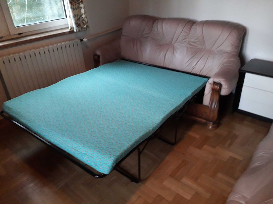 Komplet wypoczynkowy skórzany/ dębowy sofa z funkcją spania, fotel