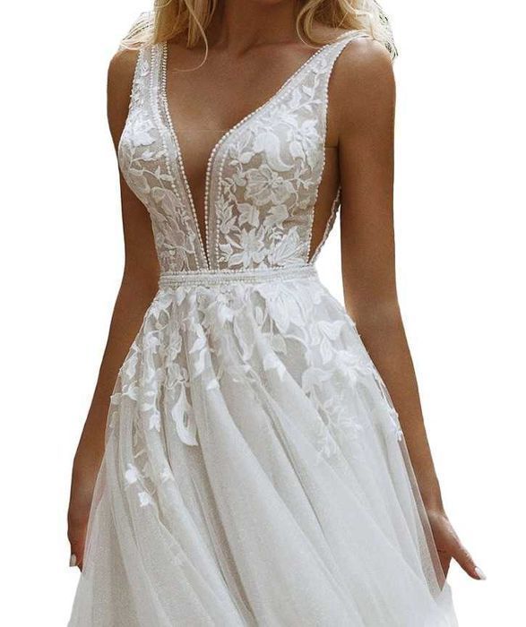Suknia ślubna #19 biała linia A tiul koronka koraliki rozmiar 38 M