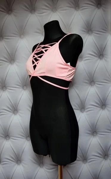 Crop top koszulka dekolt V wiązany zip różowa M