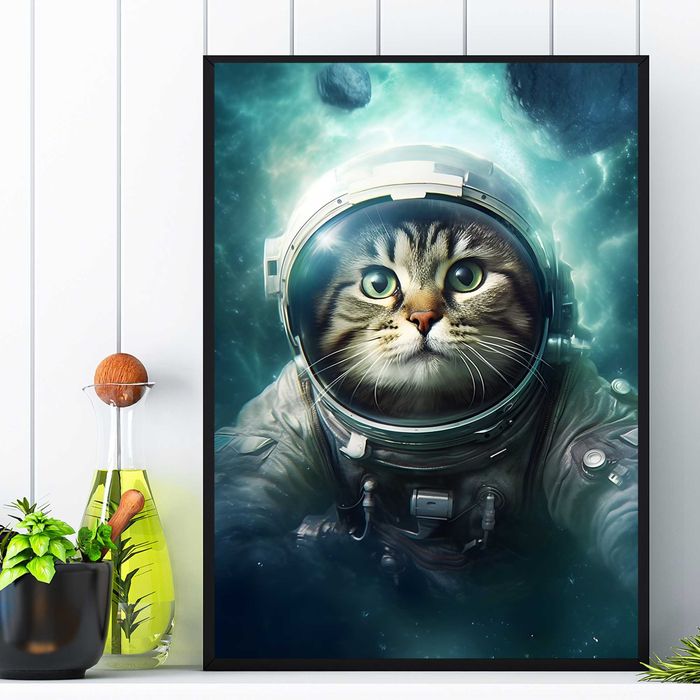 kolorowy plakat kot w kosmosie, plakat grafika kosmos zwierzę kot